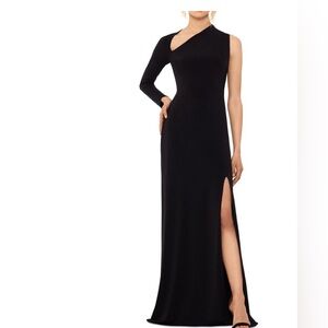 Betsy & Adam Black One-Shoulder Gown Size 12 Asymmetrical Long Sleeve Slit